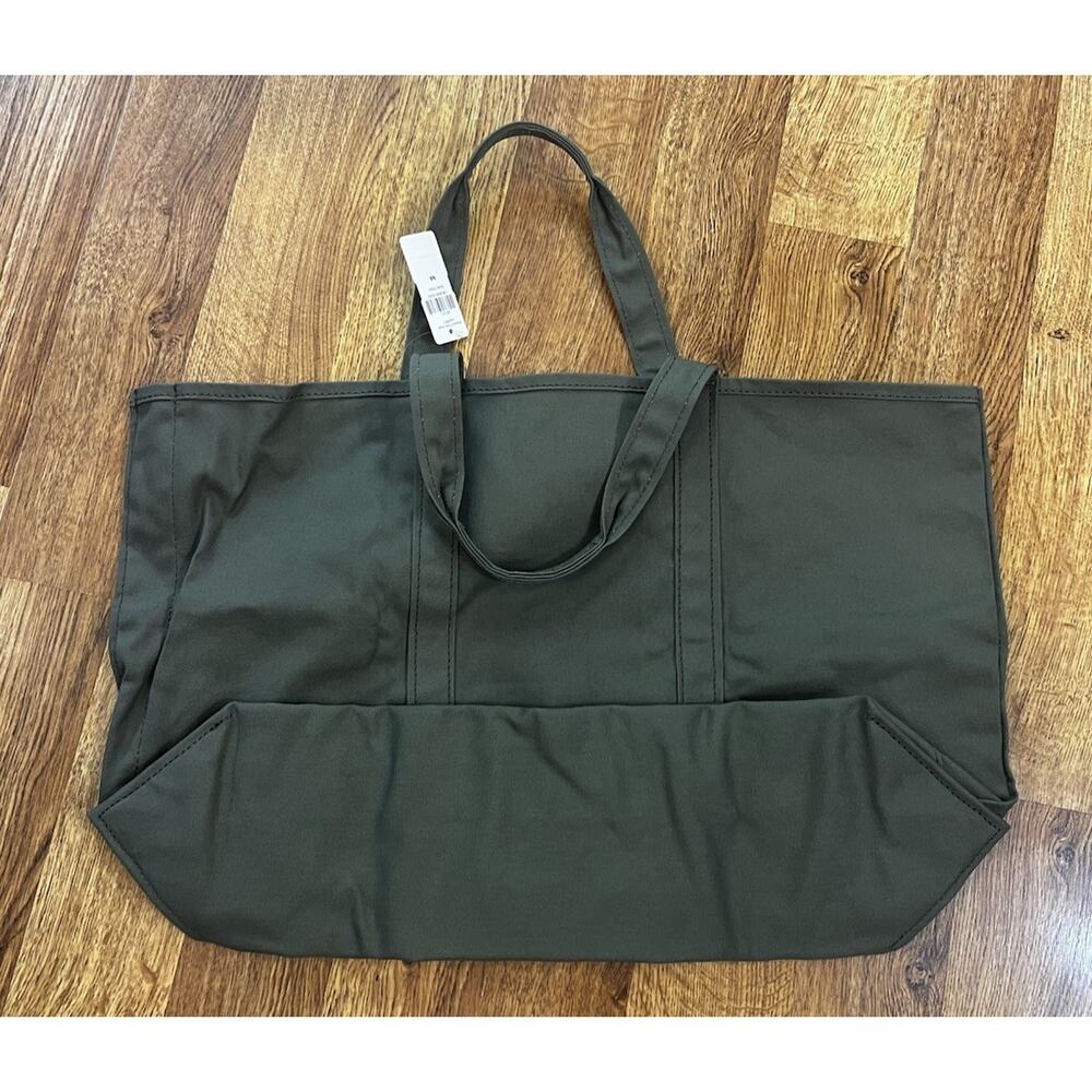 L.L.Bean Large Canvas Grocery Tote Bag Green Logo Open Top Cotton Reusable - Picture 4 of 5